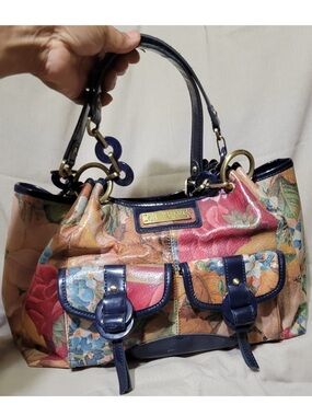 Sharif Leather Blue Floral Satchel Purse Handbag